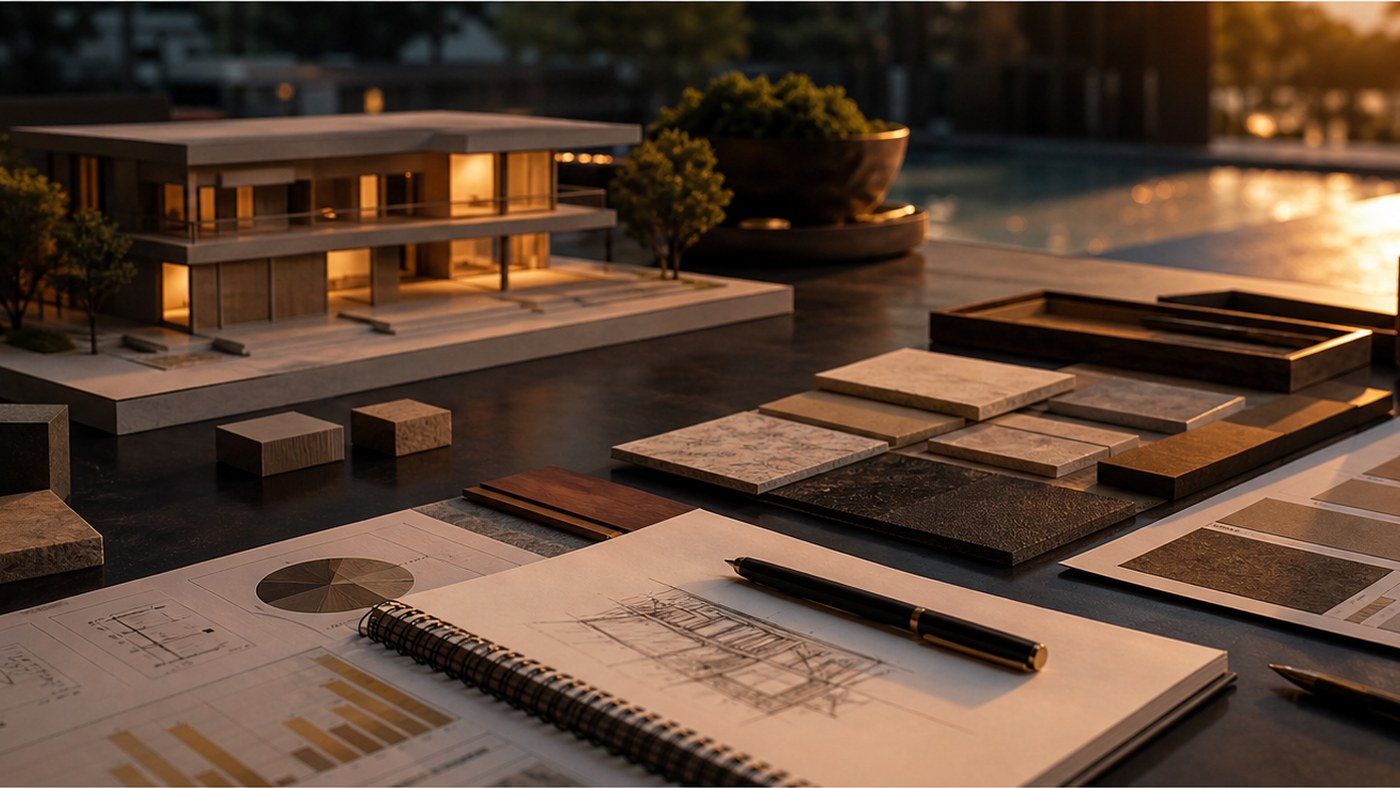 High-end property and business asset planning table with model and materials