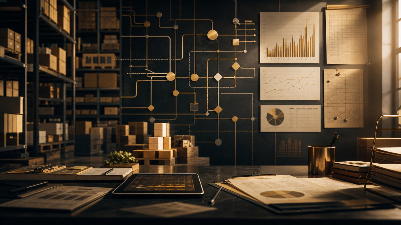 Layered business systems, inventory, charts, and process lines