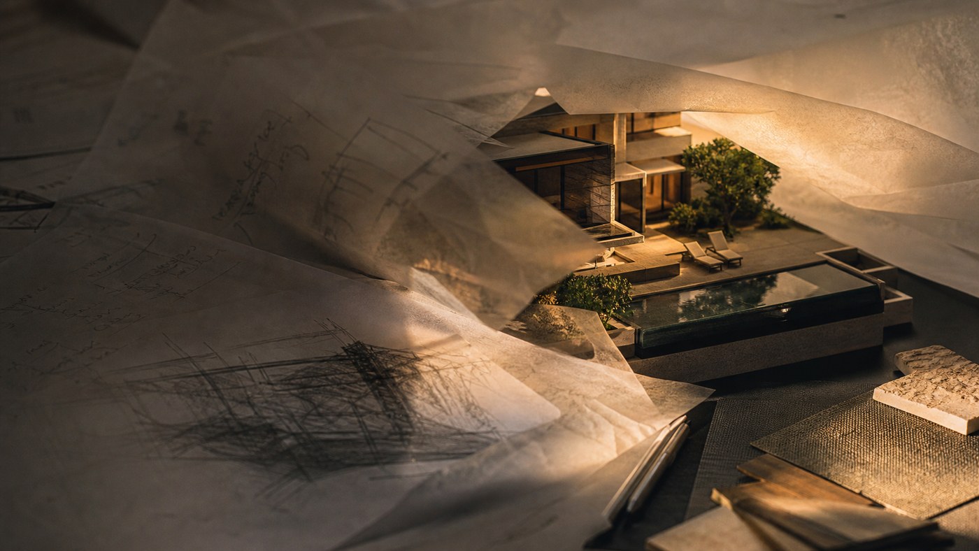 Premium property model partly obscured by unfinished presentation materials